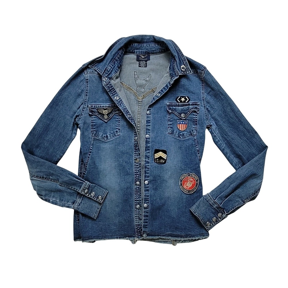 London Jean Military Patch Denim Shirt Jacket Blue Small Snap Button Raw Hem S